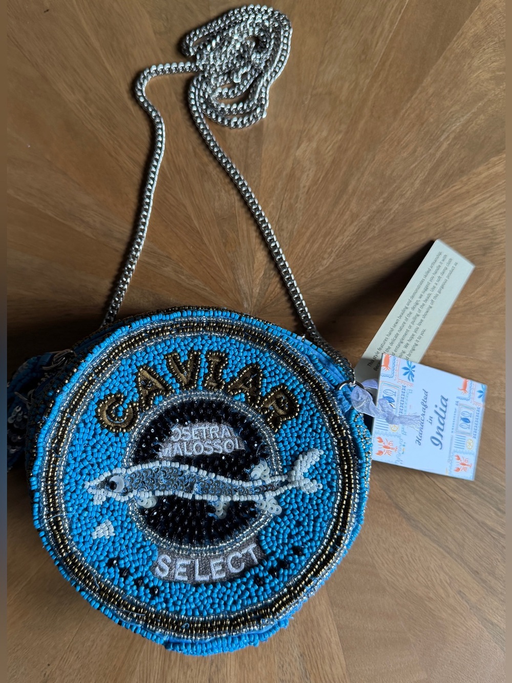 Blue Beaded Caviar Round Crossbody Bag